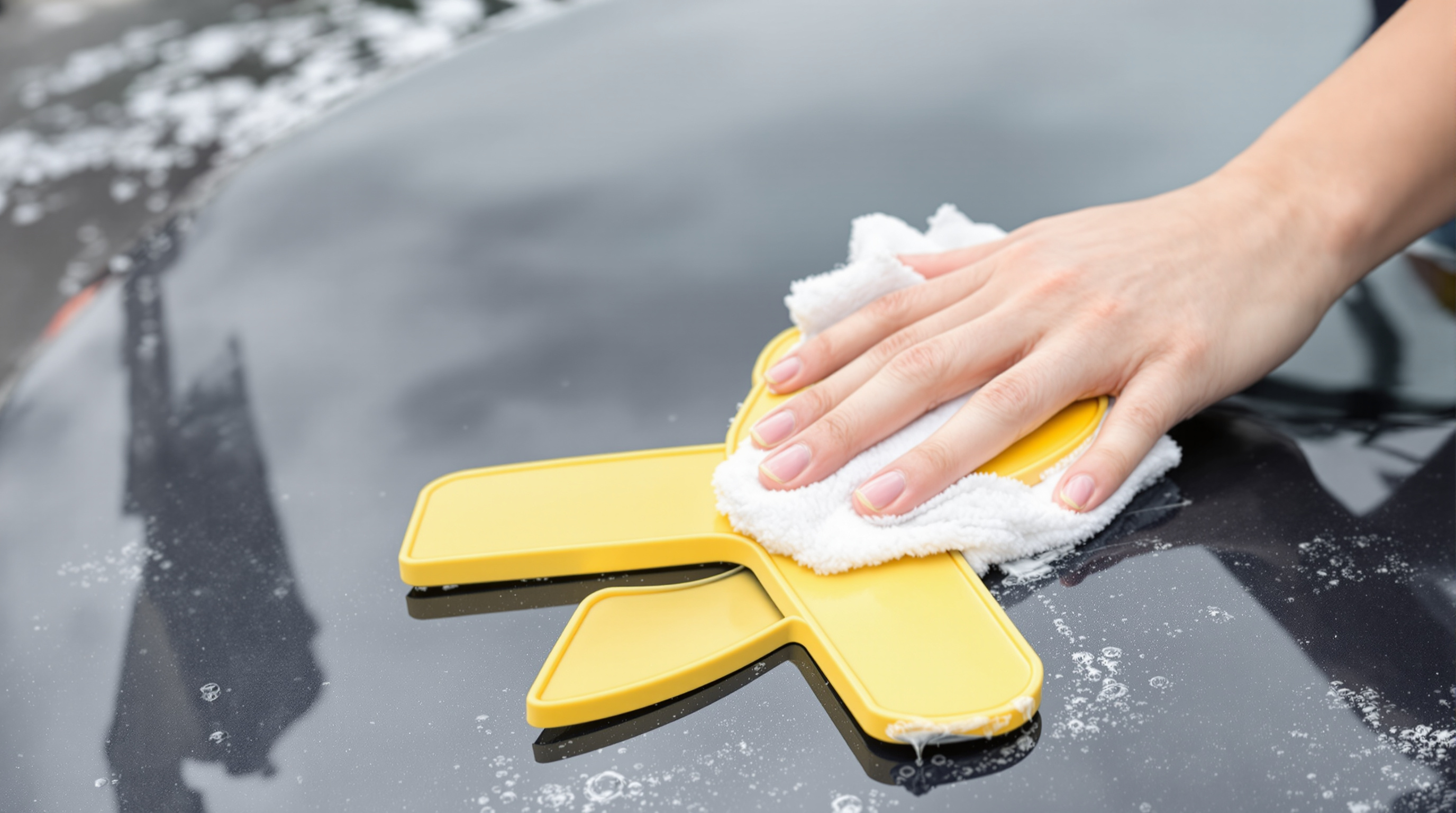 Cleaning the back of a yellow ribbon car magnet with a microfiber cloth